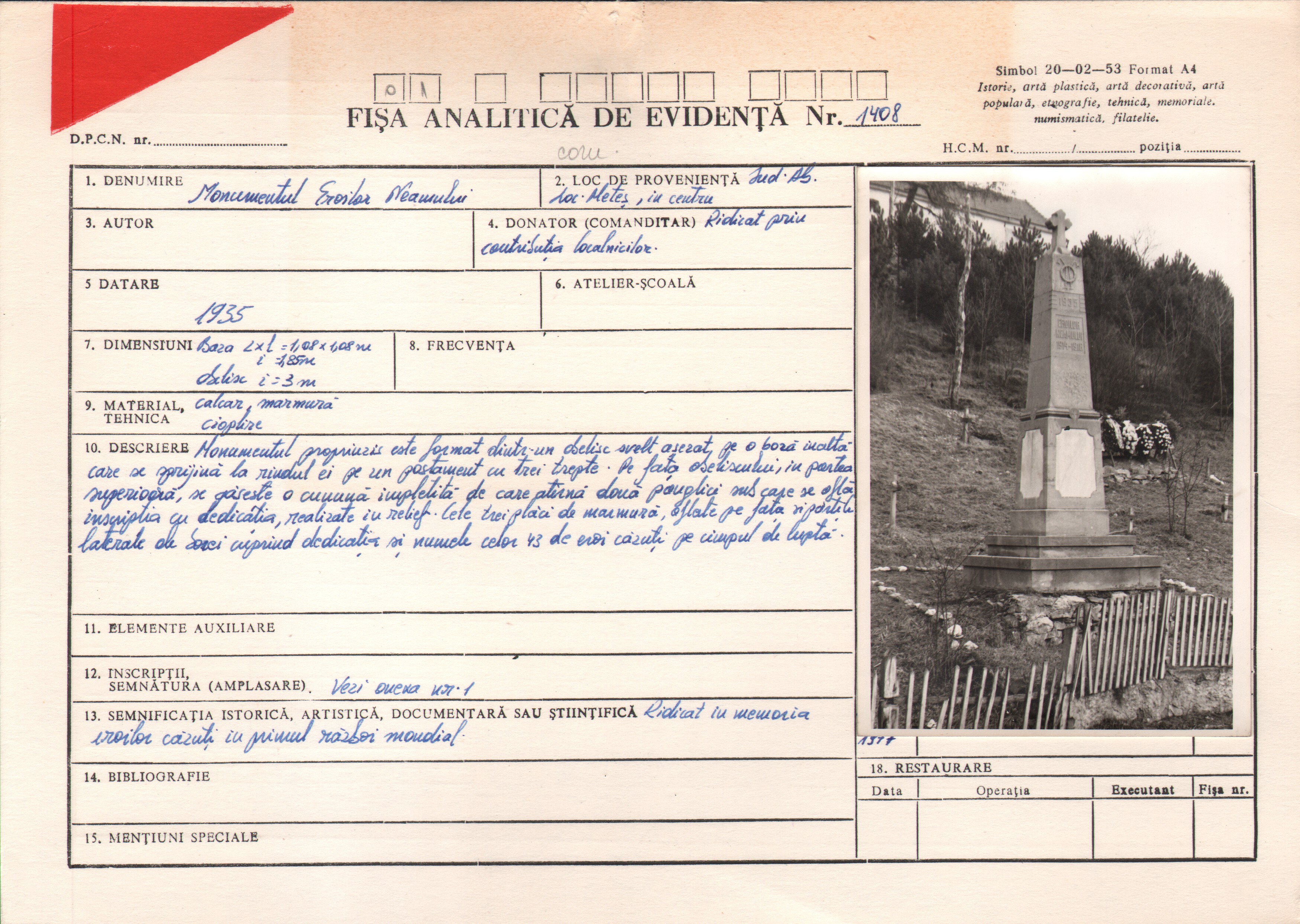 Monument al eroilor căzuţi în Primul Război Mondial