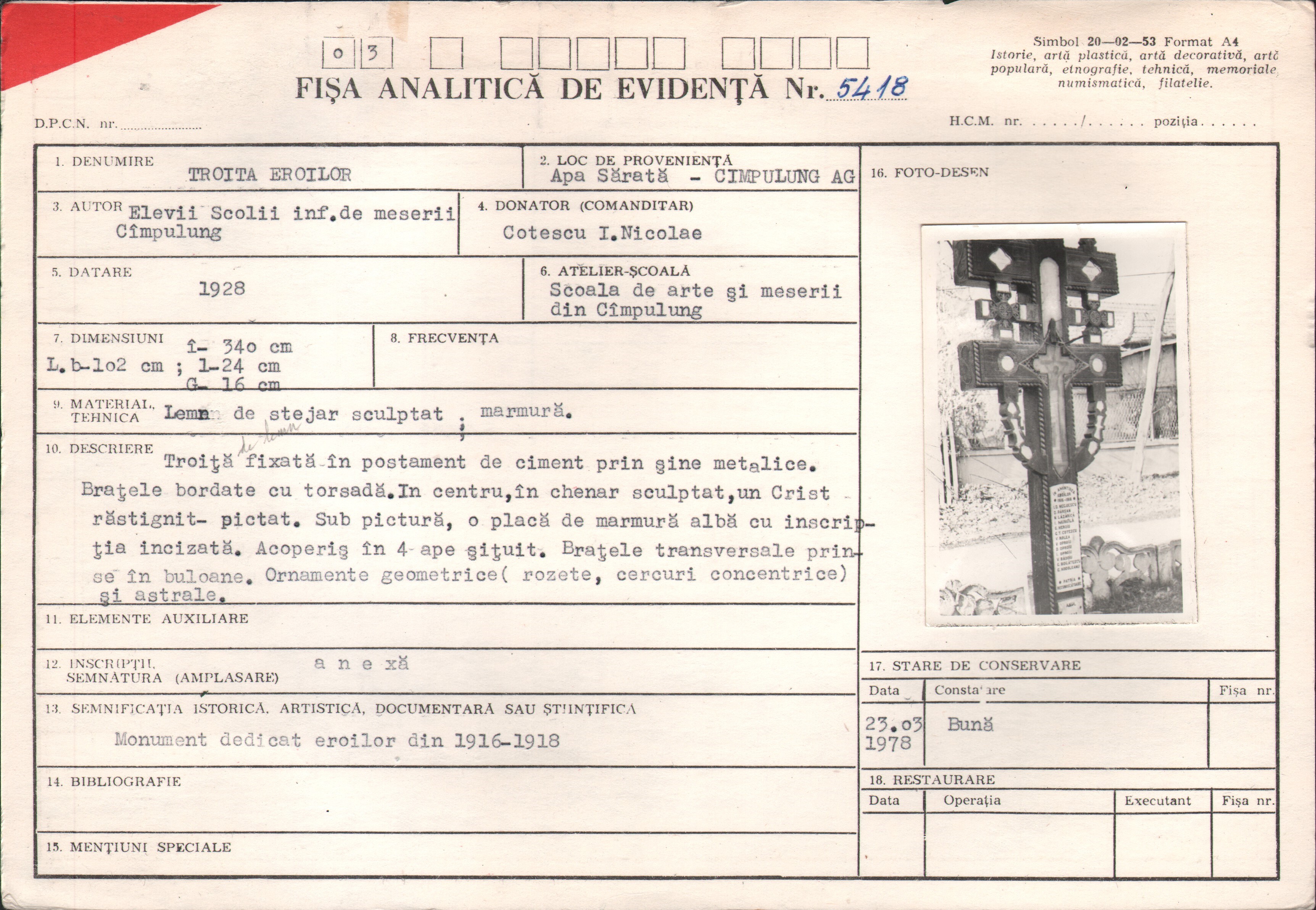 Troiţă în memoria eroilor căzuți în Primul Război Mondial