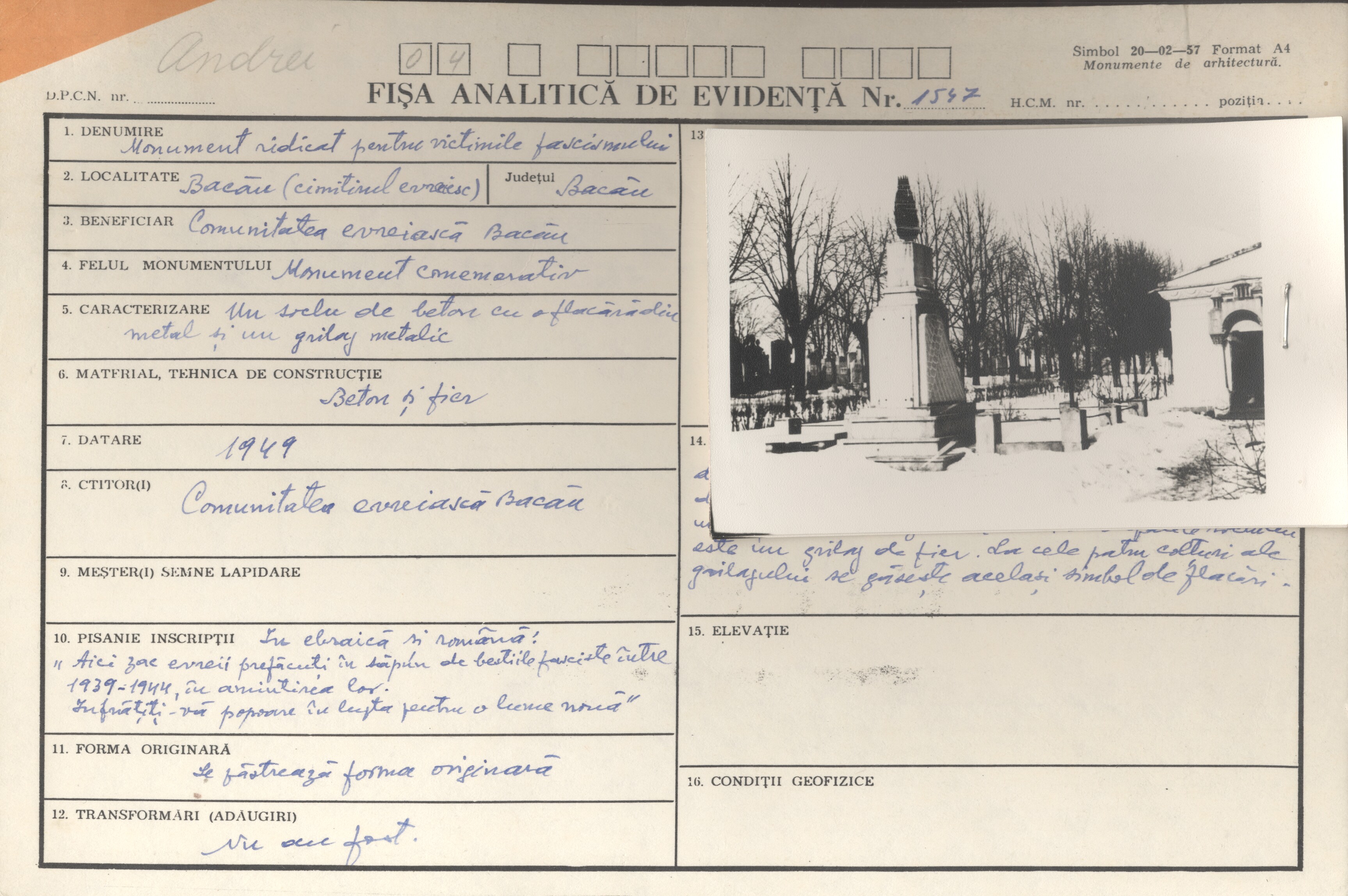 Monument ridicat în memoria victimelor fascismului