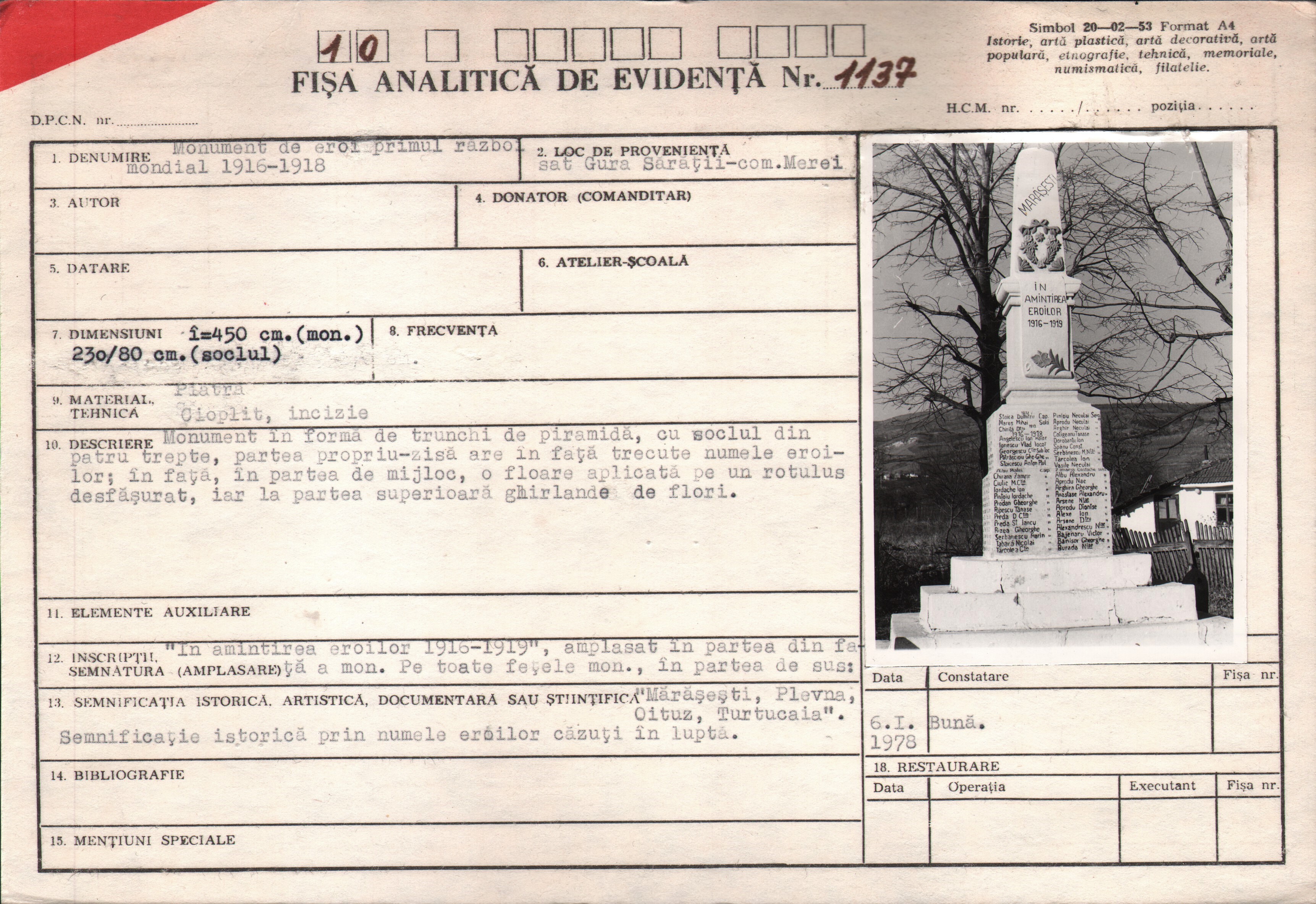 Monument de eroi Primul Război Mondial 1916-1918