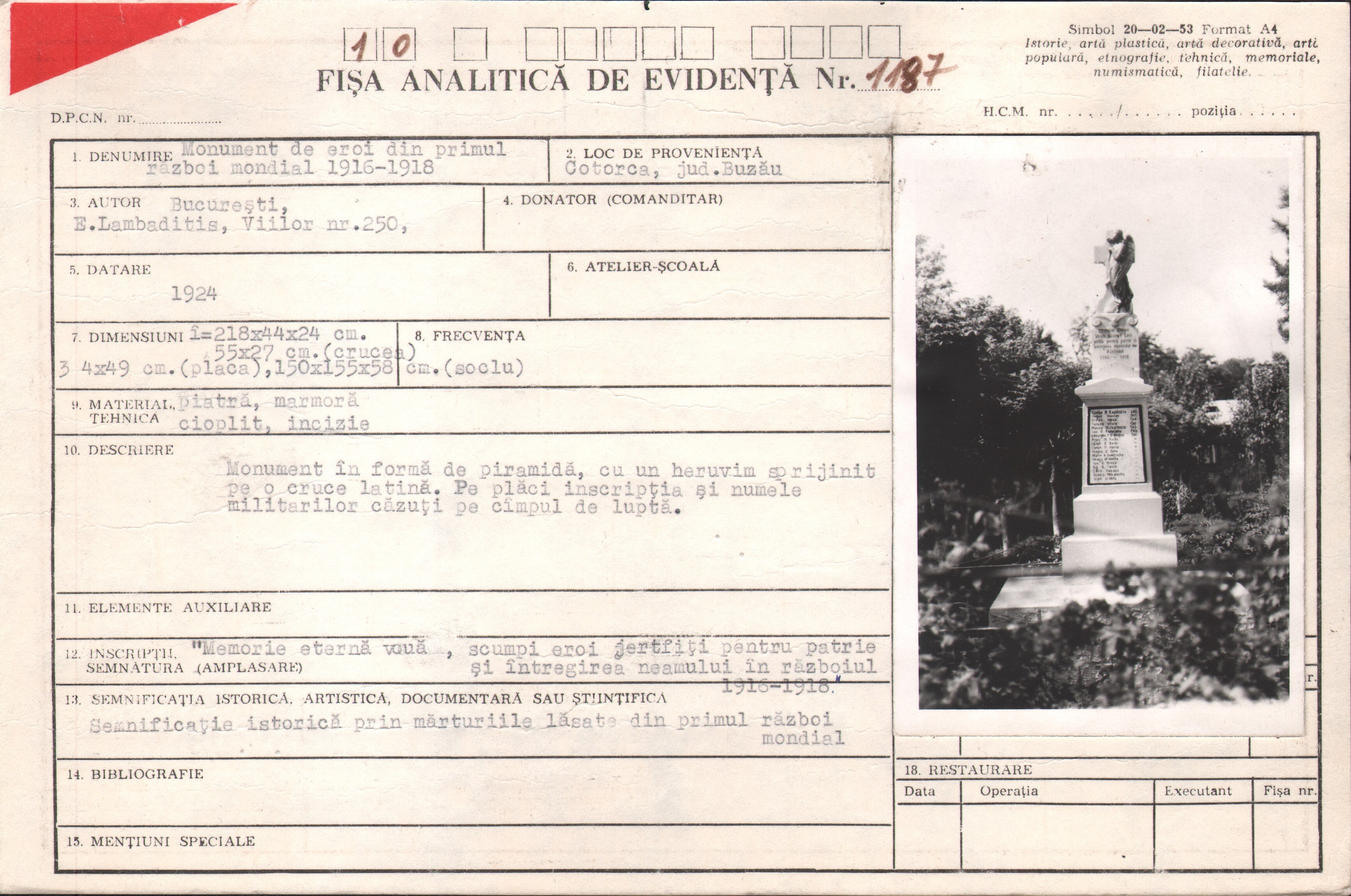 Monument al eroilor din Primul Război Mondial 1916 - 1918