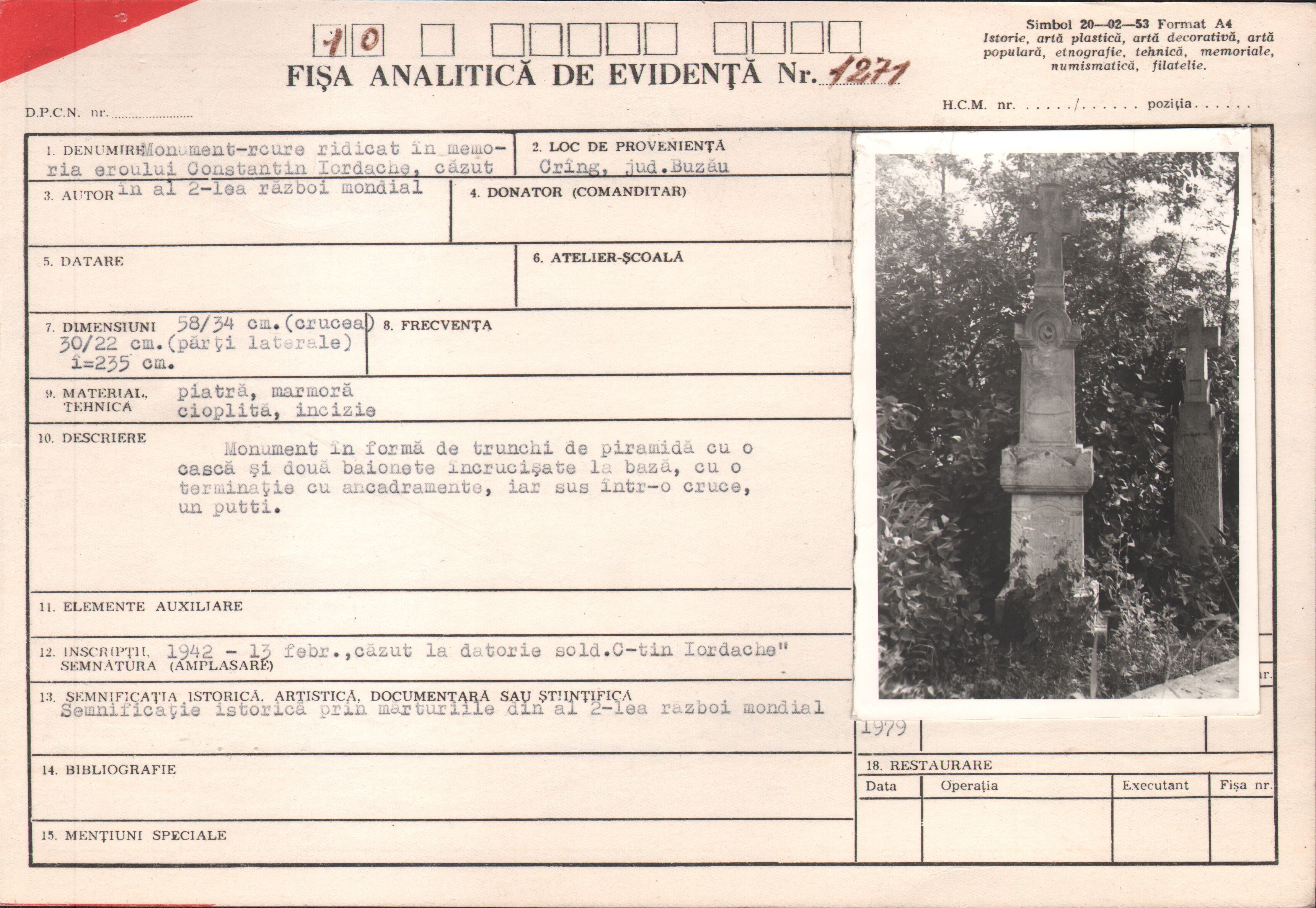 Cruce ridicată în memoria eroului Constantin Iordache, căzut în Al Doilea Război Mondial
