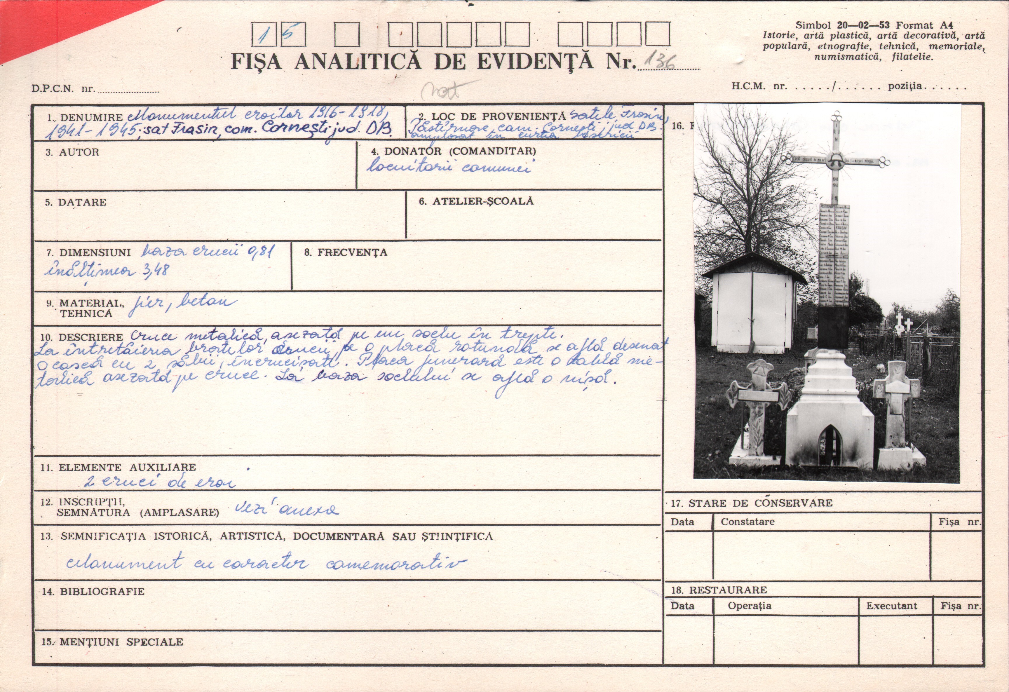 Monumentul eroilor din 1916-1918 şi 1941-1945 din satul Frasin