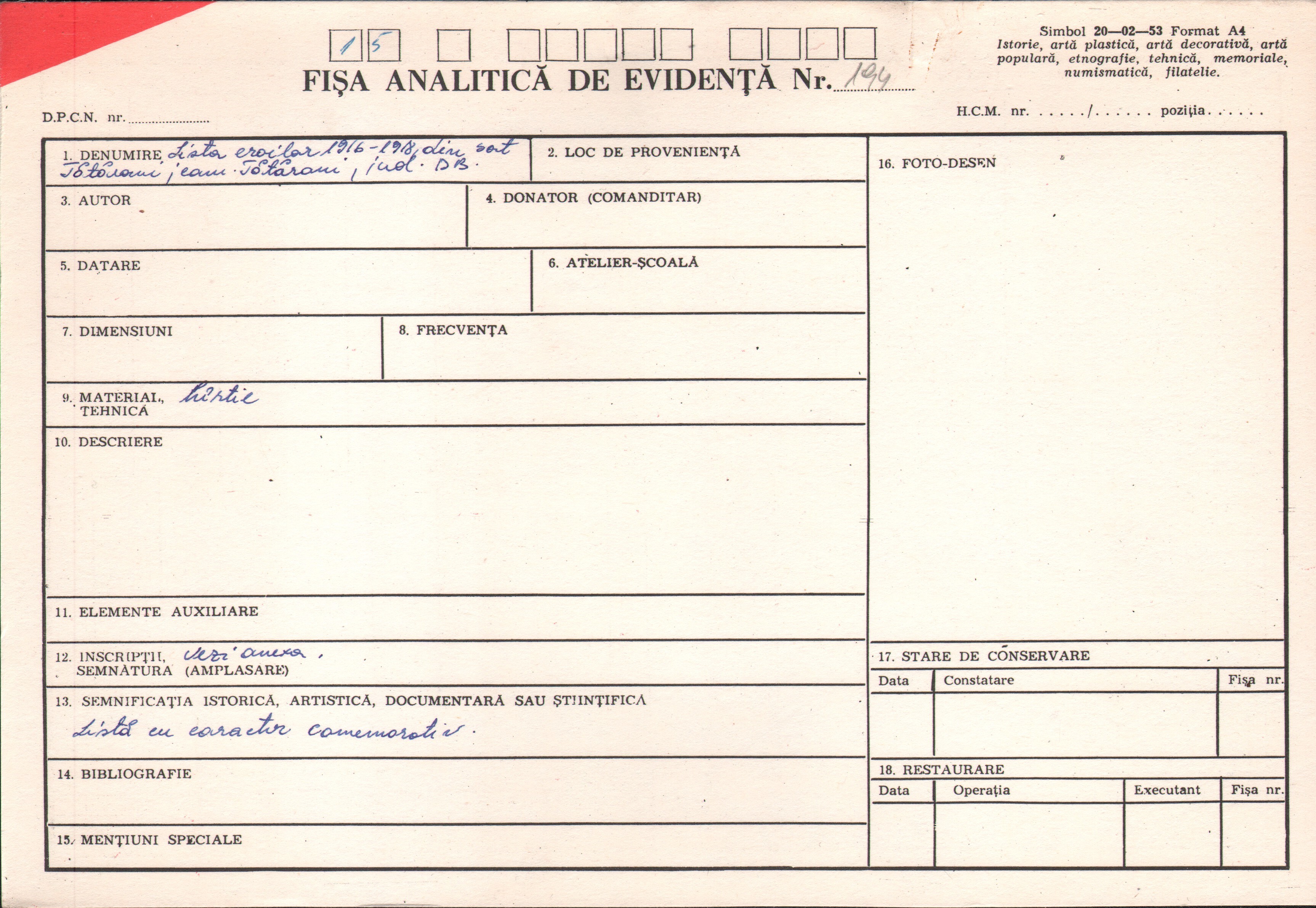 Lista eroilor 1916-1918