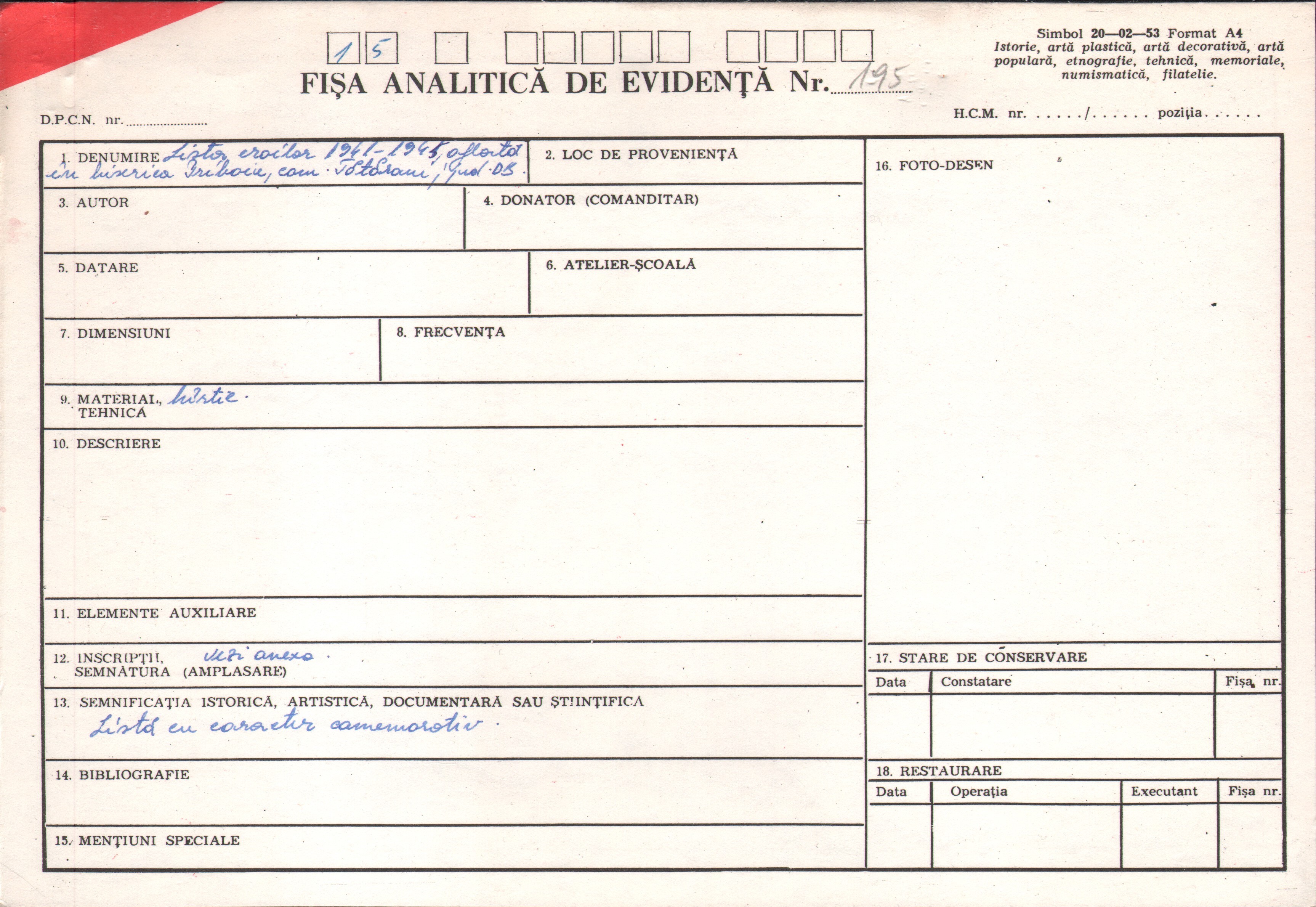 Lista eroilor 1941-1945 din biserica Priboiu
