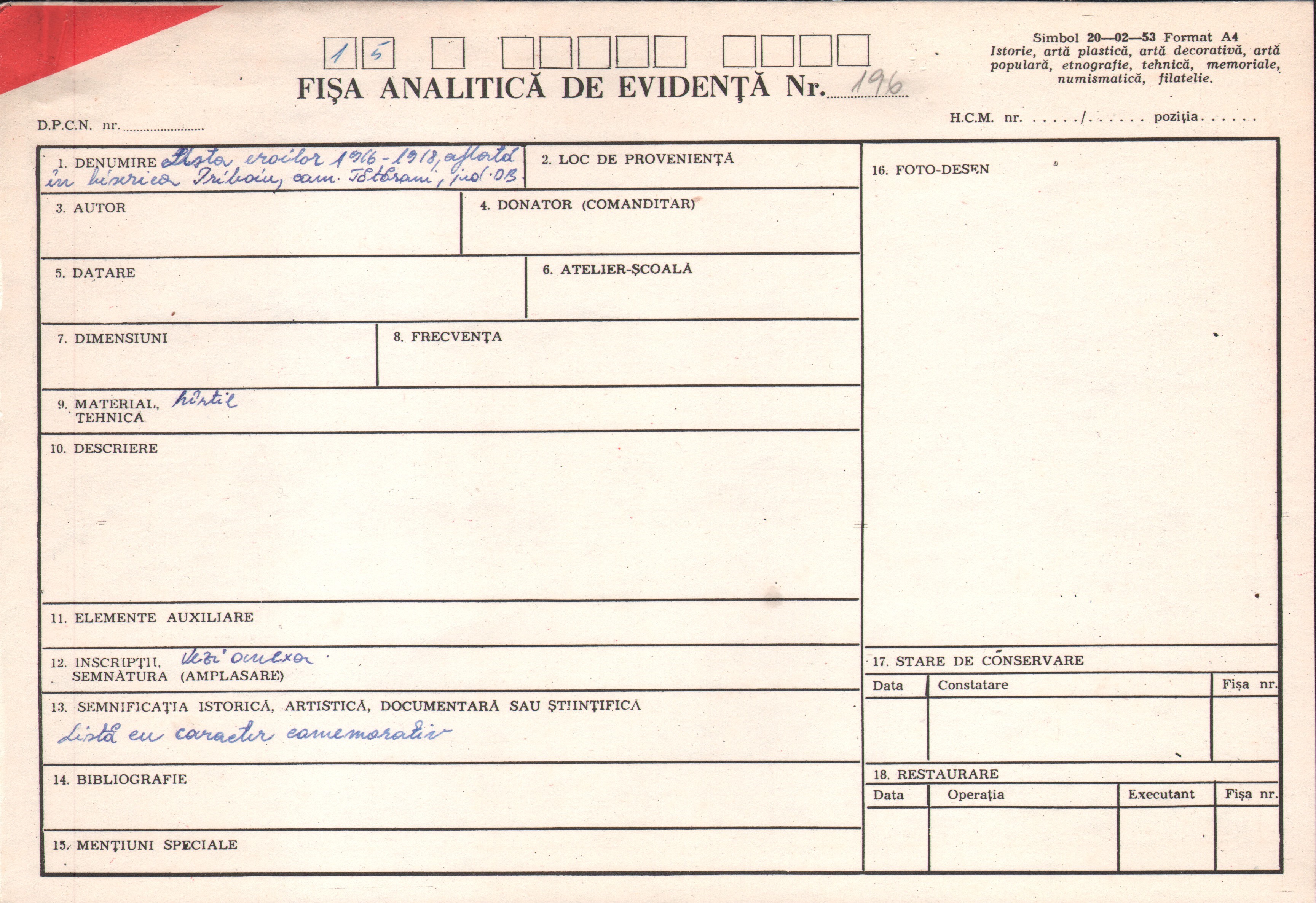 Lista eroilor 1916-1918 din biserica Priboiu