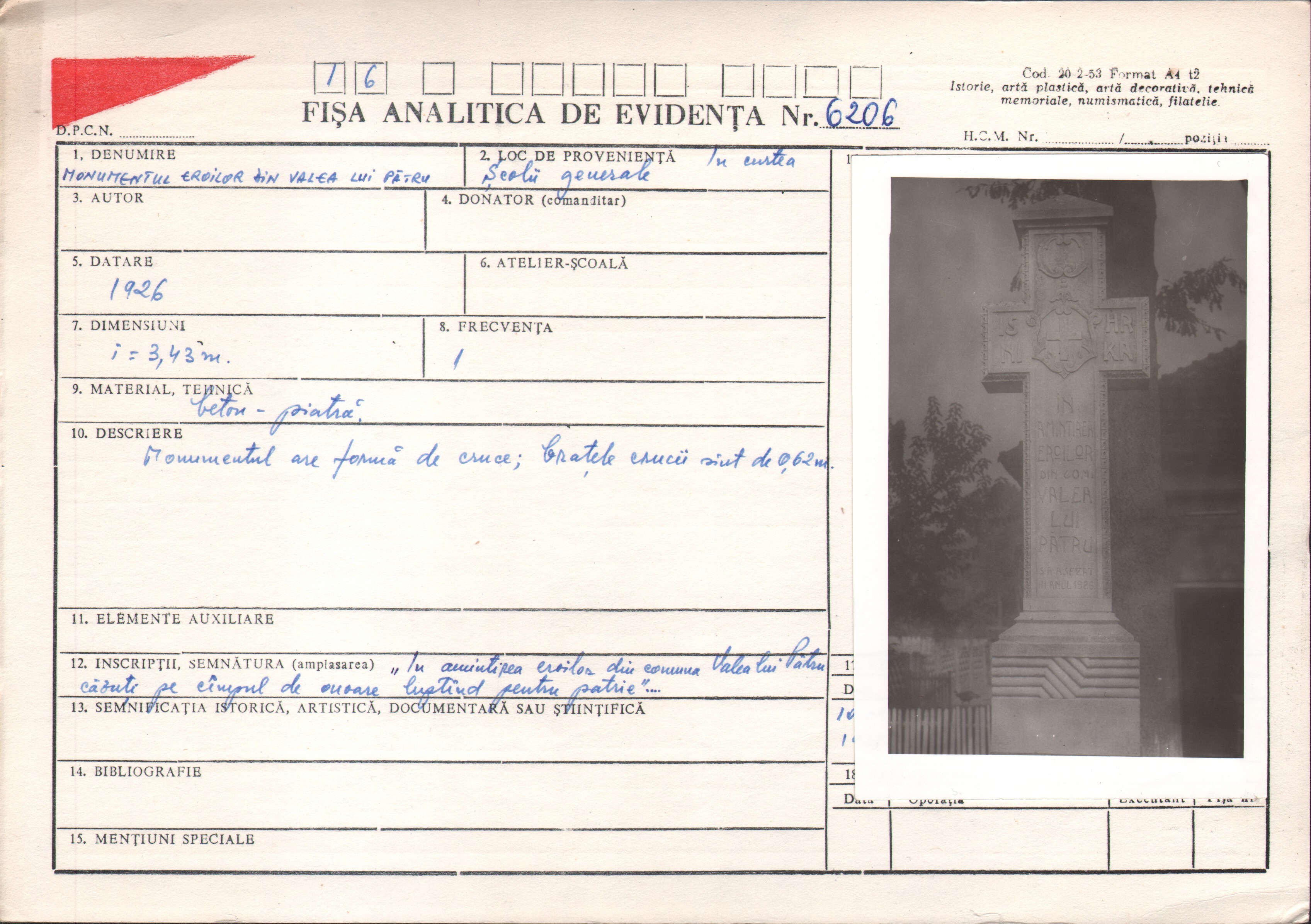 Monumentul eroilor din Valea lui Pătru 1916 - 1919